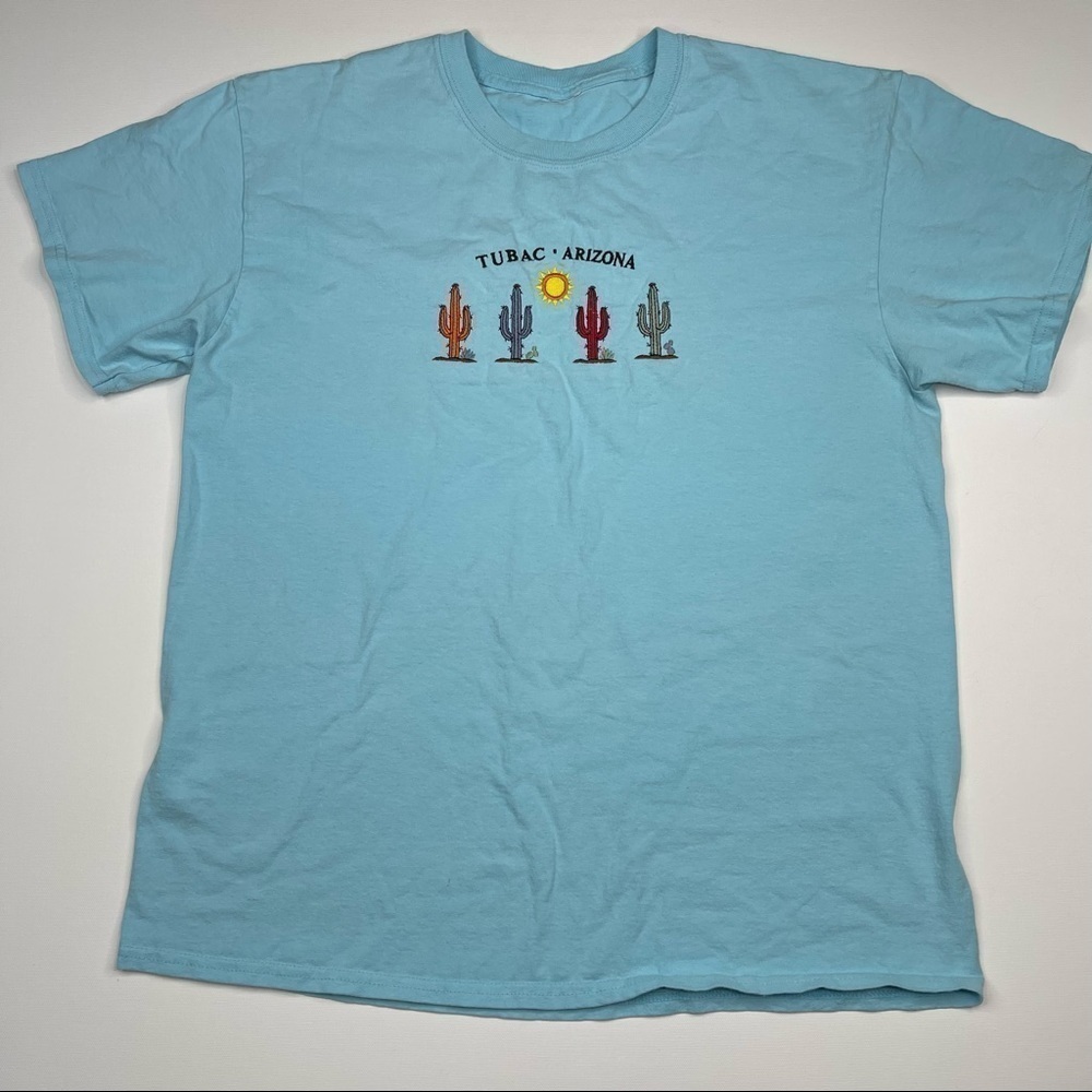 Vintage Tee Shirt Blue Cactus Southwest Desert Embroidered Tribal Summer Boho